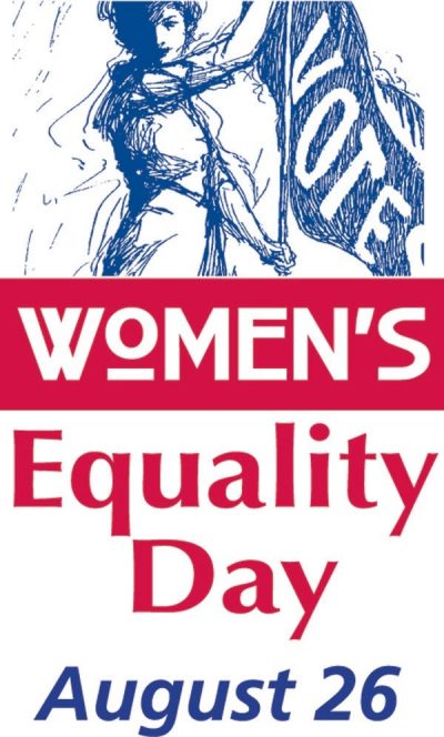 Women’s Equality Day, August 26: a suffragist carrying a Votes for Women banner