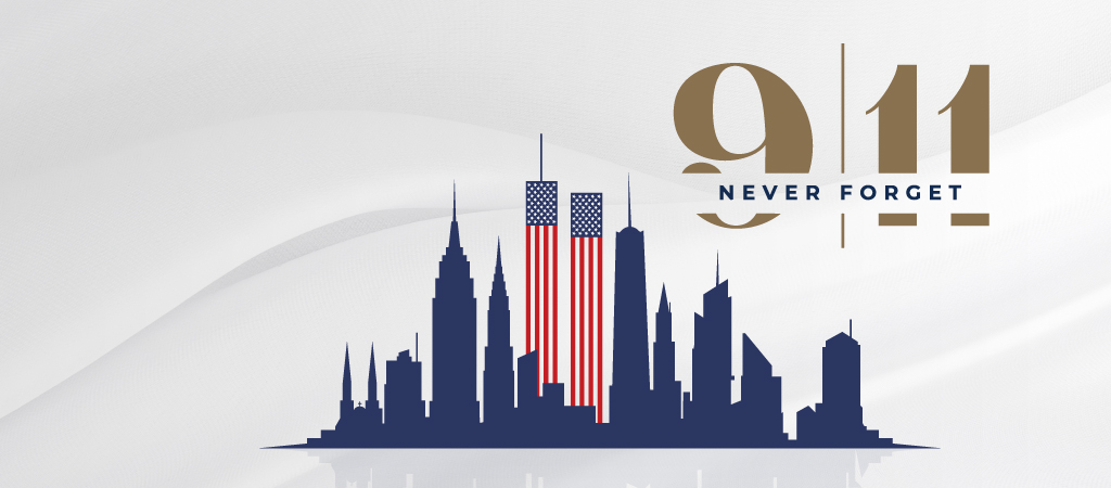 9/11 Never Forget: the New York skyline with the Twin Towers drawn as American flags